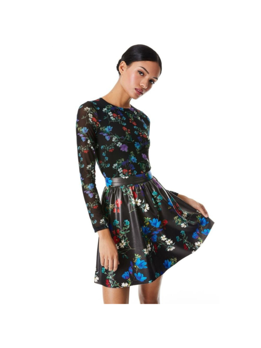 Alice + Olivia Black Floral Chara Mesh Sleeve Vegan Leather Mini Dress 10